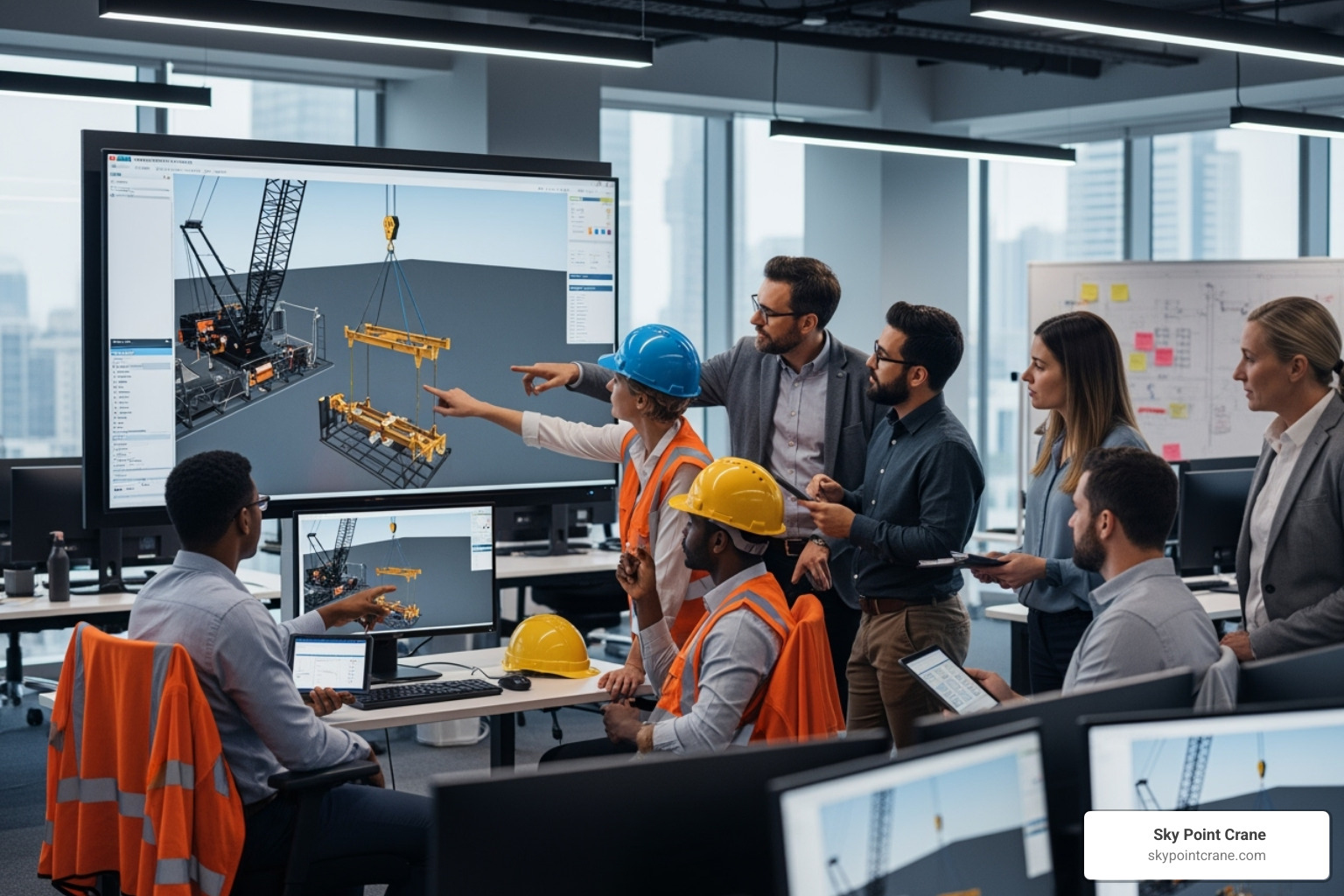 Project team collaborating over a 3D lift plan on a large monitor - 3d lift plans videos Project team collaborating over a 3D lift plan on a large monitor - 3d lift plans videos