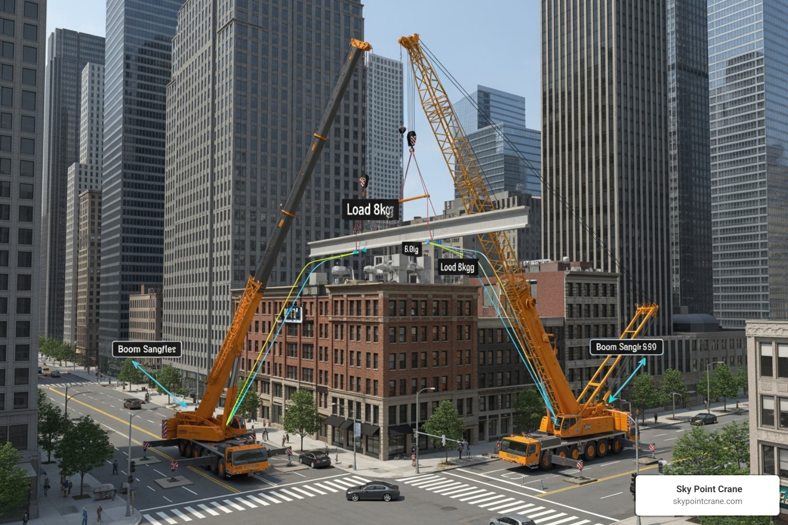 Complex 3D lift plan showing a tandem crane lift in a dense urban environment - 3d lift plans videos Complex 3D lift plan showing a tandem crane lift in a dense urban environment - 3d lift plans videos