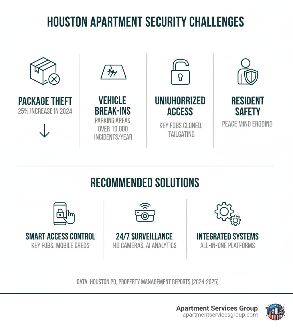 Infographic showing Houston apartment security challenges including package theft statistics, vehicle break-ins in parking areas, unauthorized access incidents, and resident safety concerns with recommended security solutions - apartment security Houston infographic  Infographic showing Houston apartment security challenges including package theft statistics, vehicle break-ins in parking areas, unauthorized access incidents, and resident safety concerns with recommended security solutions - apartment security Houston infographic