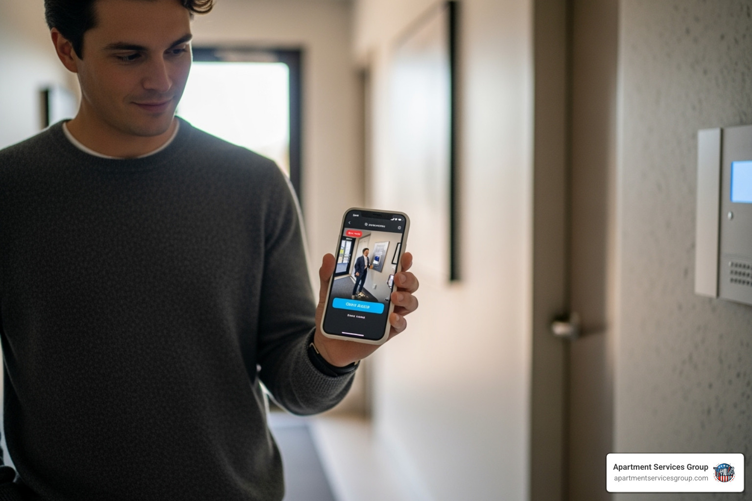 resident using mobile phone app to grant visitor access through an intercom system - apartment security Houston resident using mobile phone app to grant visitor access through an intercom system - apartment security Houston