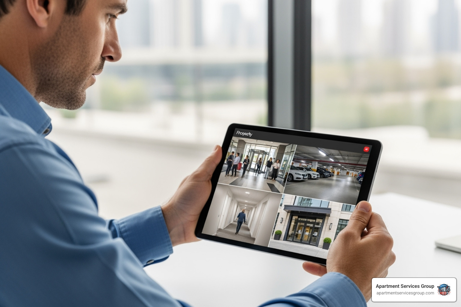 property manager viewing multiple high-definition camera feeds on a tablet - apartment security Houston property manager viewing multiple high-definition camera feeds on a tablet - apartment security Houston