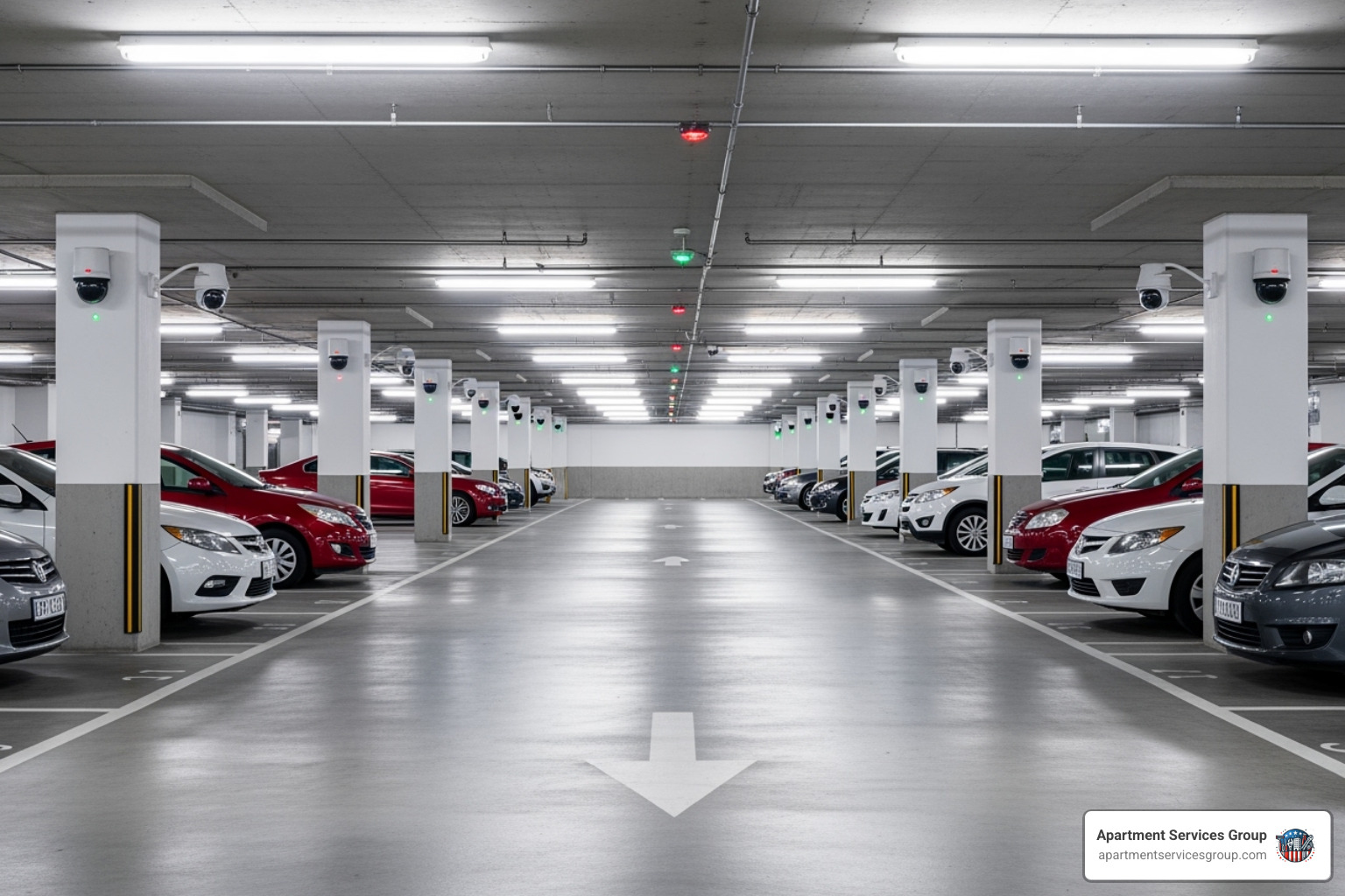 well-lit apartment parking garage with visible security cameras - apartment security Houston well-lit apartment parking garage with visible security cameras - apartment security Houston