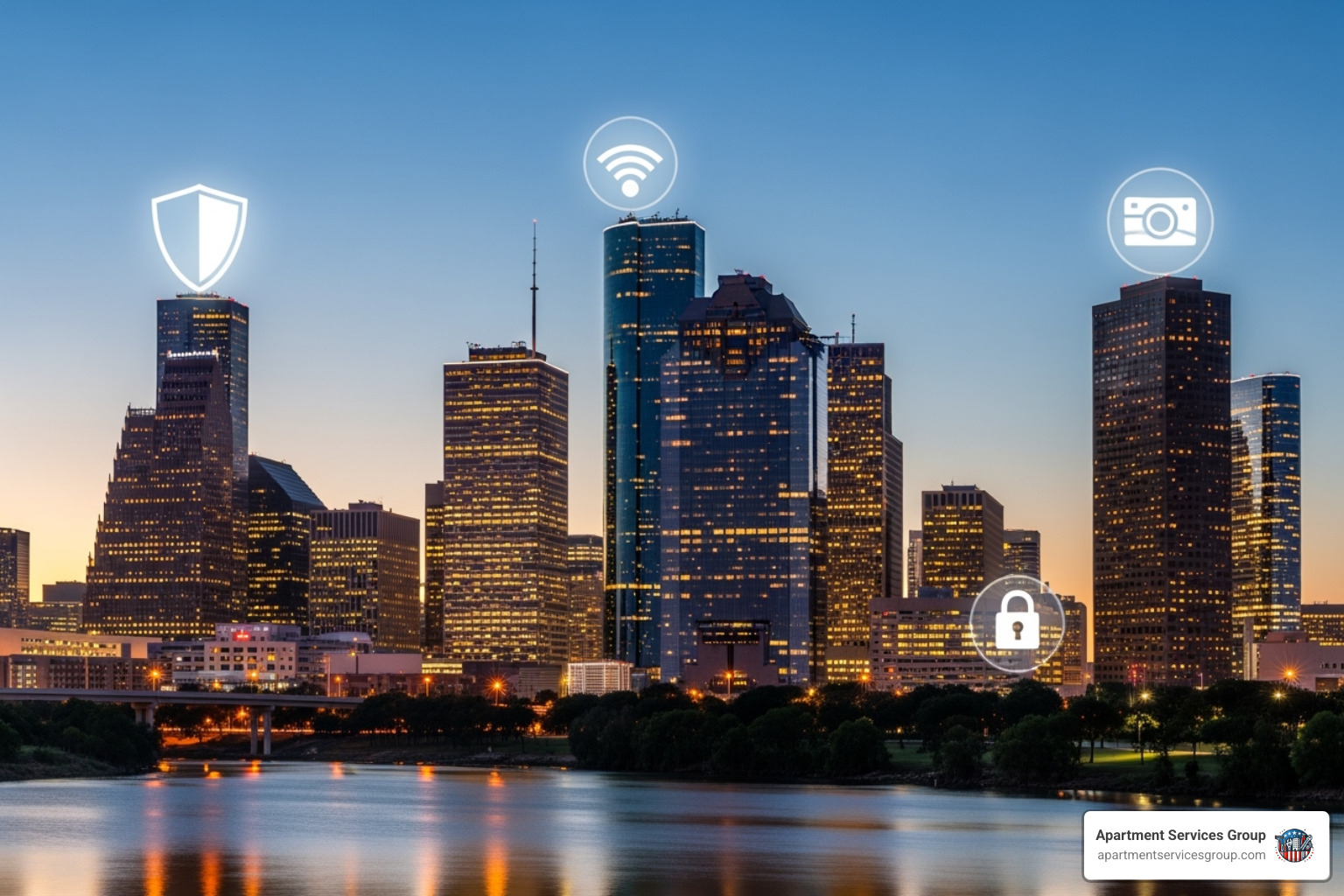 Houston skyline with an overlay of security icons - apartment security Houston Houston skyline with an overlay of security icons - apartment security Houston
