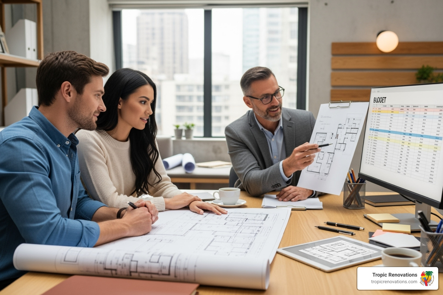 A couple reviewing blueprints and a budget spreadsheet with a designer - How to plan renovation?