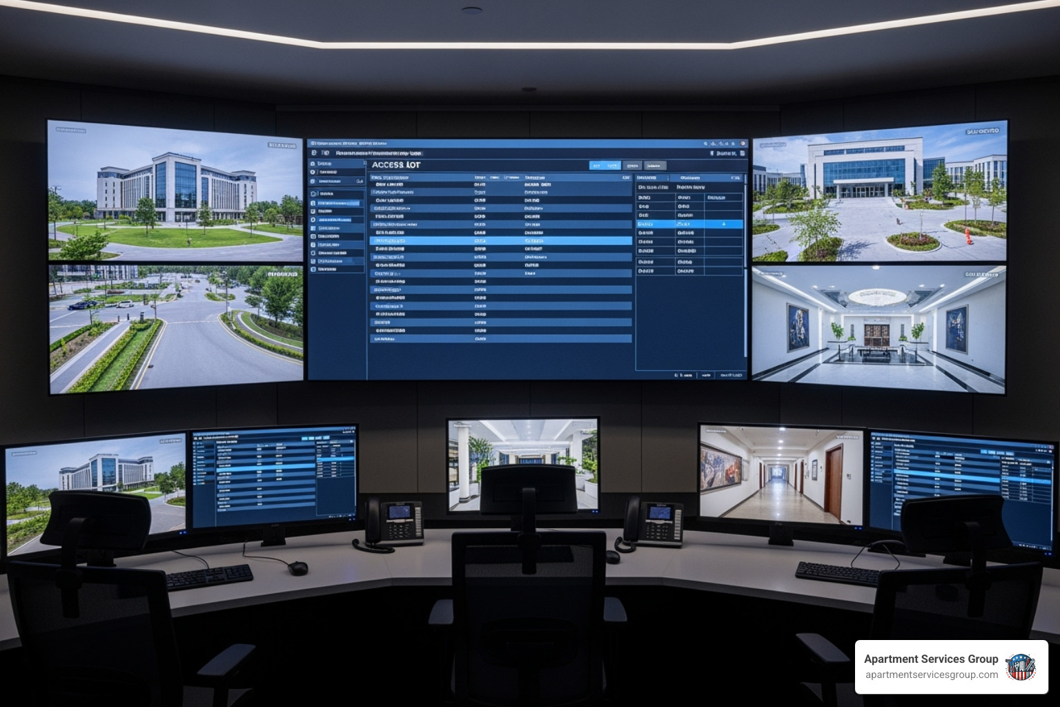 computer dashboard showing integrated security systems, including access logs and live camera views - apartment security Houston computer dashboard showing integrated security systems, including access logs and live camera views - apartment security Houston