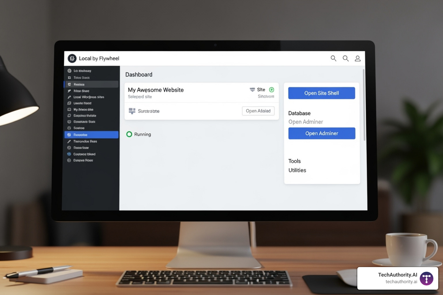 A detailed screenshot of a local WordPress development environment setup, showing the site dashboard, database access, and options to open the site in a browser or code editor. - WordPress plugin development guide A detailed screenshot of a local WordPress development environment setup, showing the site dashboard, database access, and options to open the site in a browser or code editor. - WordPress plugin development guide
