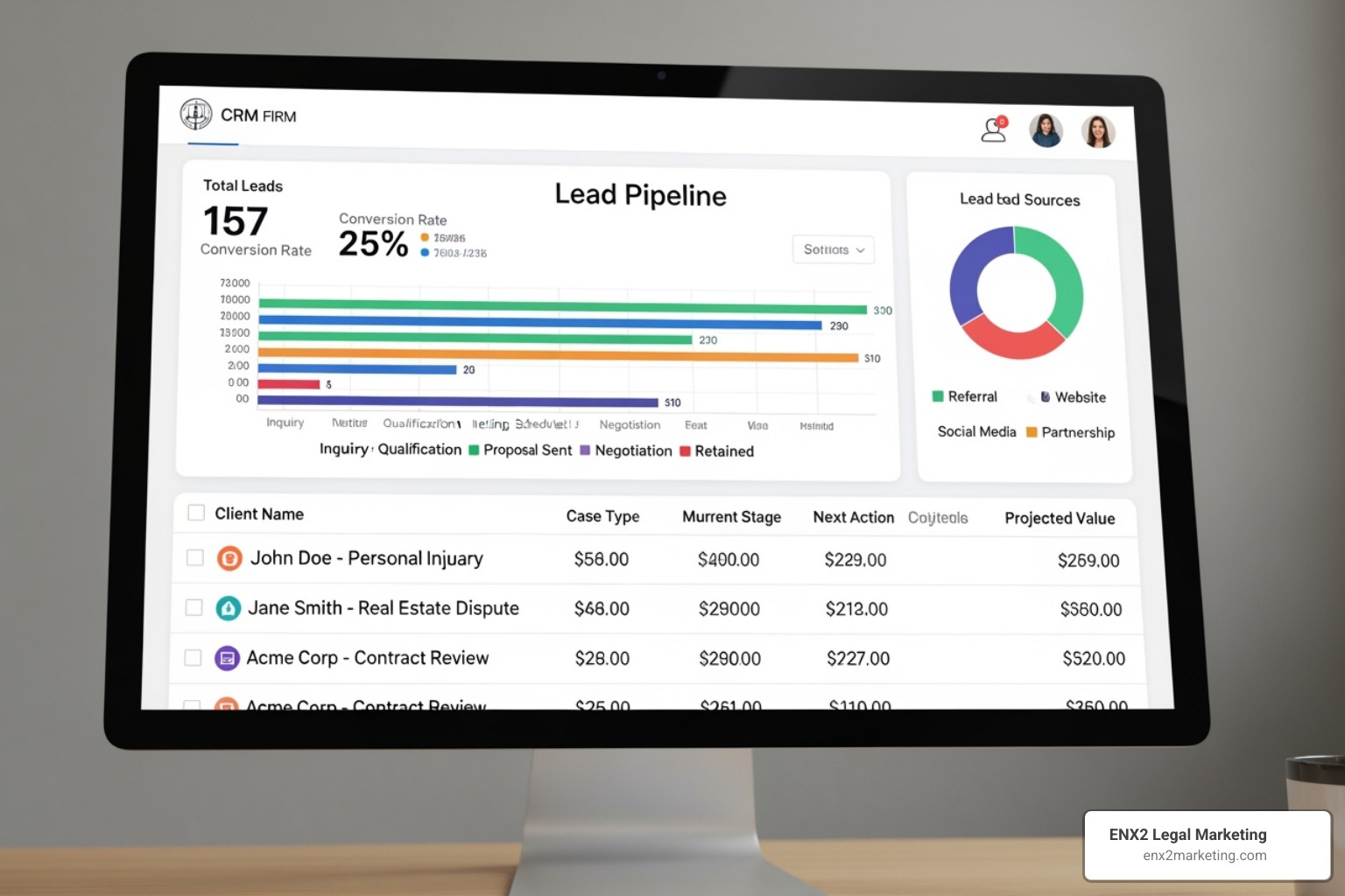CRM dashboard showing a law firm's lead pipeline - personal injury lawyer leads