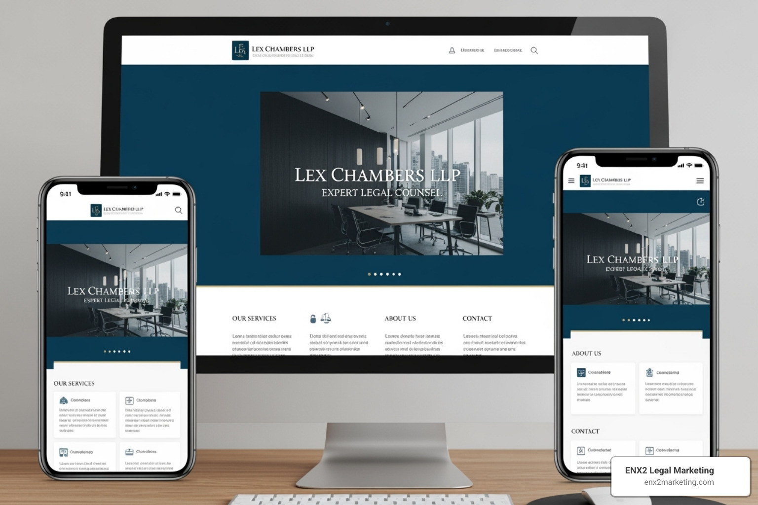Law firm website displayed on both mobile and desktop, showing a clean, professional design - personal injury lawyer leads