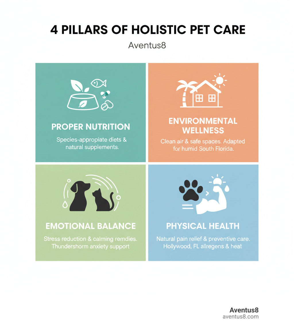 Infographic showing the four pillars of holistic pet care: proper nutrition with species-appropriate diets and natural supplements, environmental wellness including clean air and safe spaces adapted for South Florida's humid climate, emotional balance through stress reduction and calming remedies for thunderstorm anxiety, and physical health with natural pain relief and preventive care custom to Hollywood FL's unique challenges like year-round allergens and heat-related stress - Holistic pet remedies infographic 