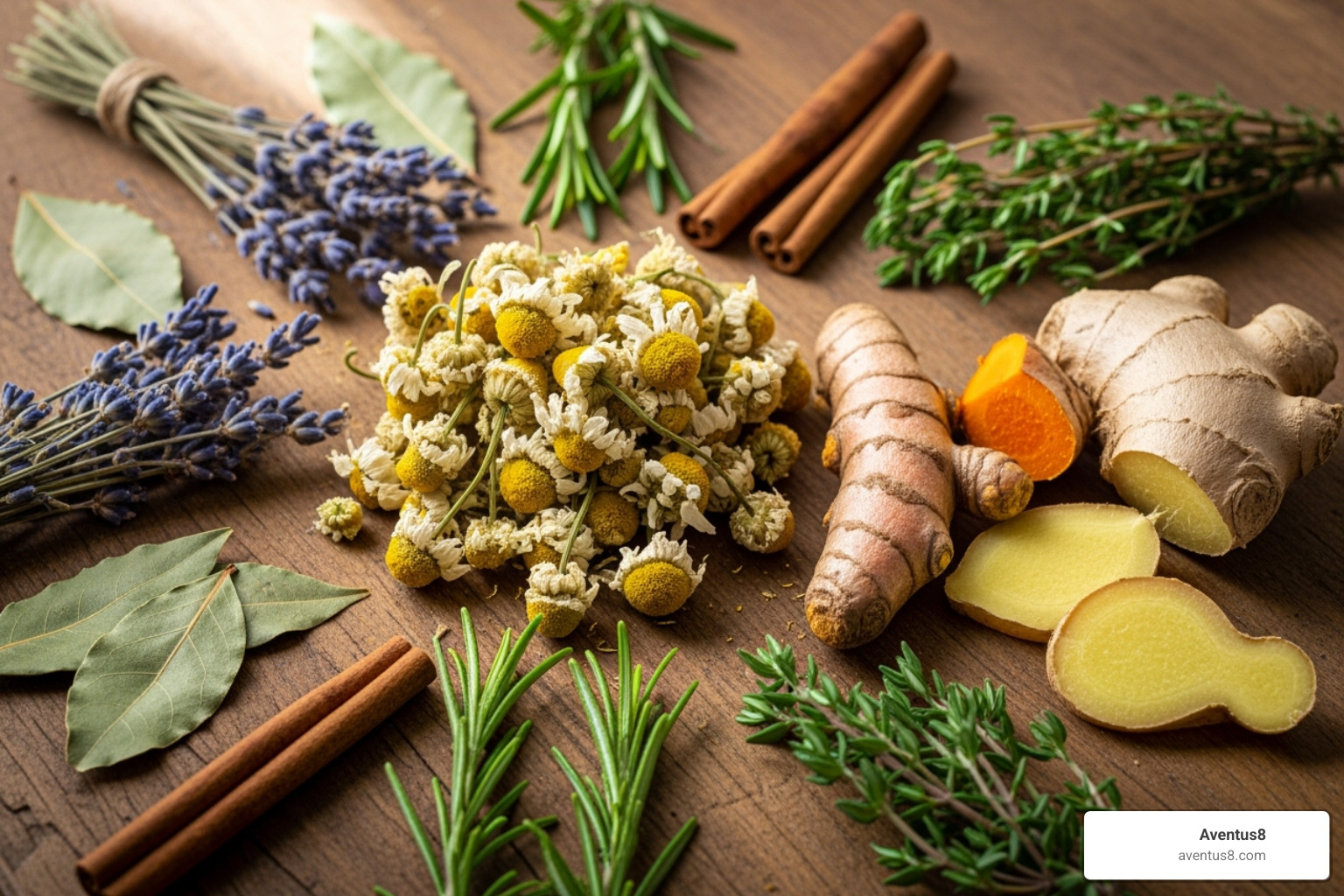 assorted herbs like chamomile, turmeric, and ginger root - Holistic pet remedies