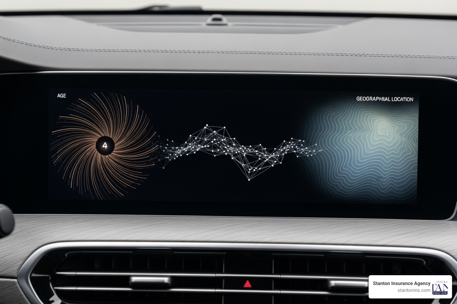 A car dashboard with various icons representing factors like age, driving record, and location - Liability Car Insurance Cost A car dashboard with various icons representing factors like age, driving record, and location - Liability Car Insurance Cost