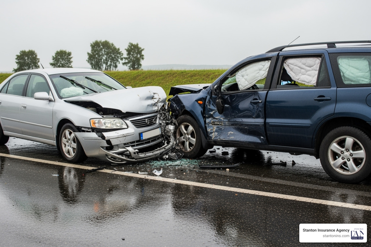 A two-car accident scene, with highlighted boxes showing payments for the other driver's medical bills and car repairs - Liability Car Insurance Cost A two-car accident scene, with highlighted boxes showing payments for the other driver's medical bills and car repairs - Liability Car Insurance Cost