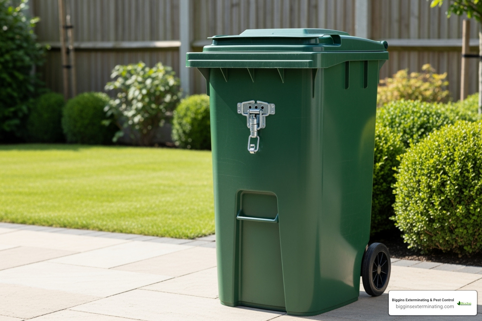 A securely sealed outdoor trash can, preventing access to food waste. - yellow jacket extermination
