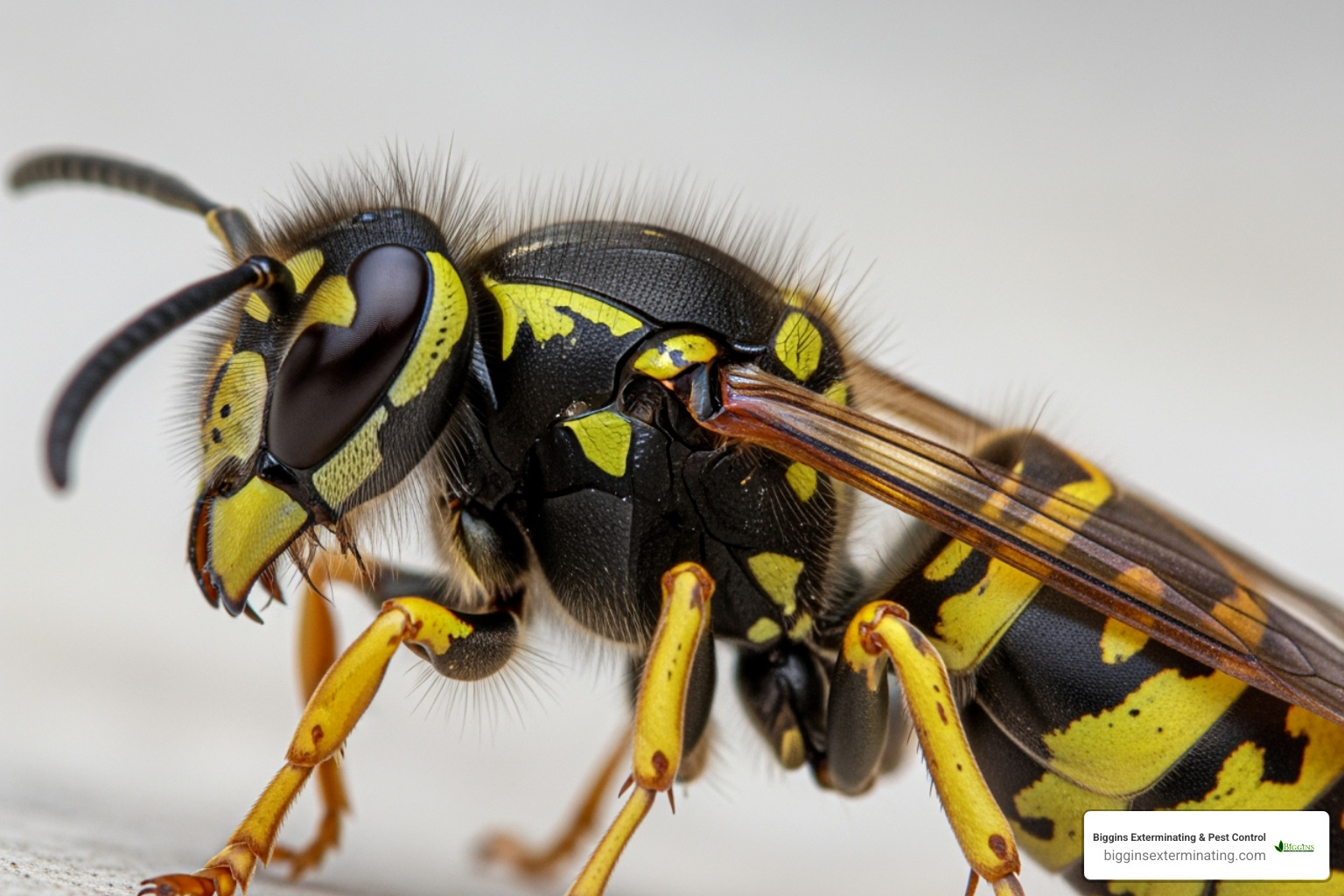 A close-up image of a yellow jacket, highlighting its smooth body, narrow waist, and distinct black and yellow markings. - yellow jacket extermination