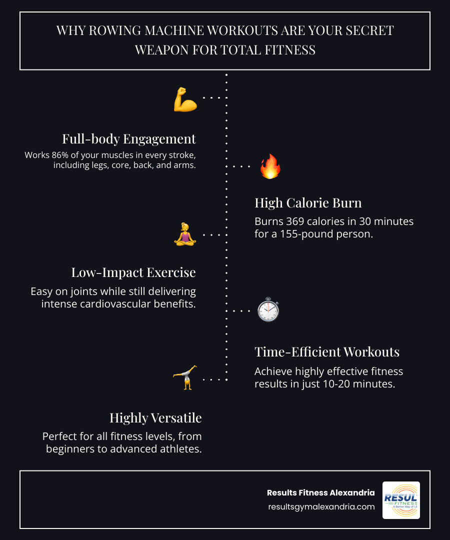 Infographic showing rowing machine workout benefits: 86% muscle engagement including legs, core, back, and arms; burns 369 calories per 30 minutes; low-impact joint-friendly exercise; improves cardiovascular health and VO2 max; builds both strength and endurance simultaneously - Rowing machine workout infographic infographic-line-5-steps-dark Infographic showing rowing machine workout benefits: 86% muscle engagement including legs, core, back, and arms; burns 369 calories per 30 minutes; low-impact joint-friendly exercise; improves cardiovascular health and VO2 max; builds both strength and endurance simultaneously - Rowing machine workout infographic infographic-line-5-steps-dark