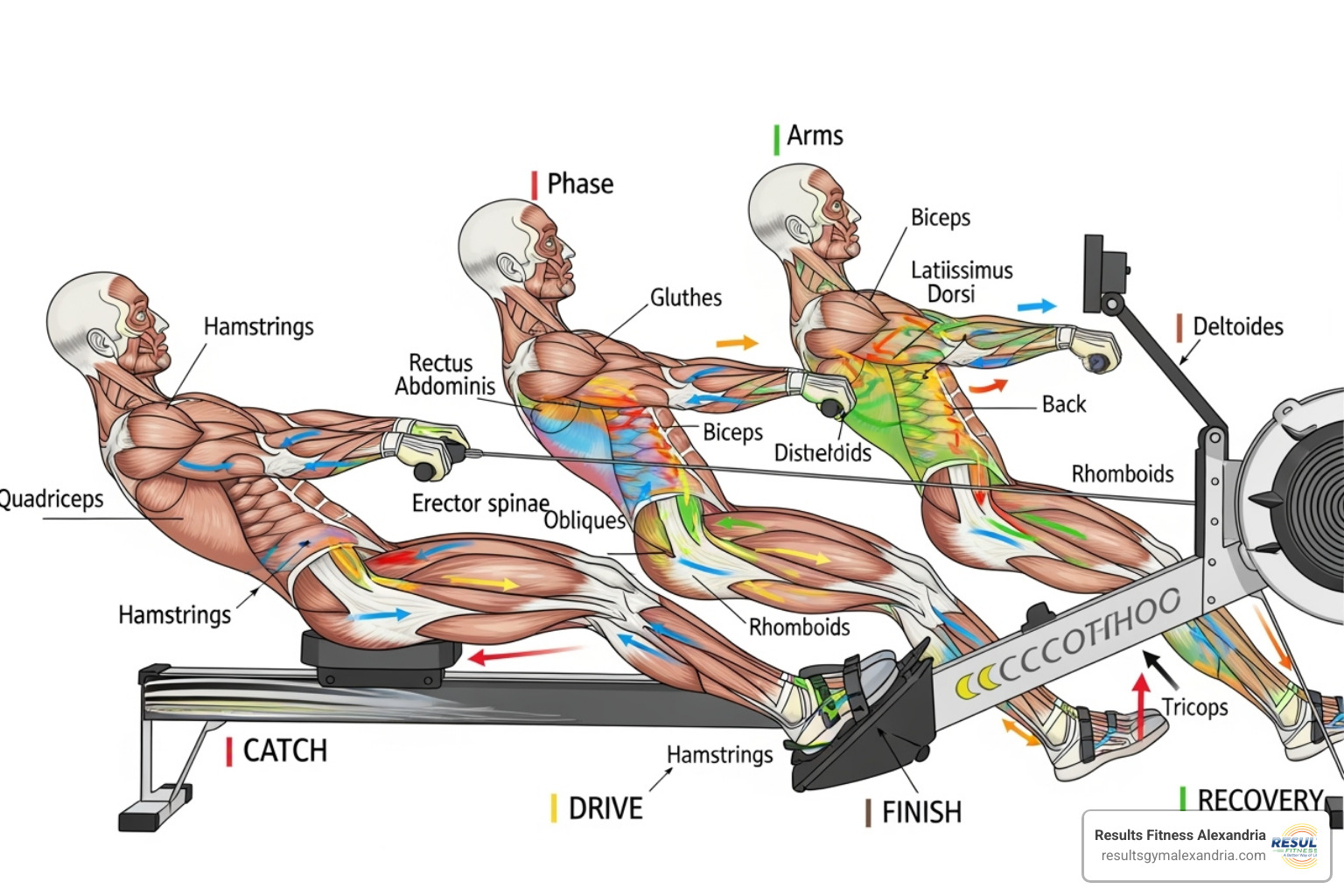 diagram showing muscles worked during rowing stroke - Rowing machine workout diagram showing muscles worked during rowing stroke - Rowing machine workout