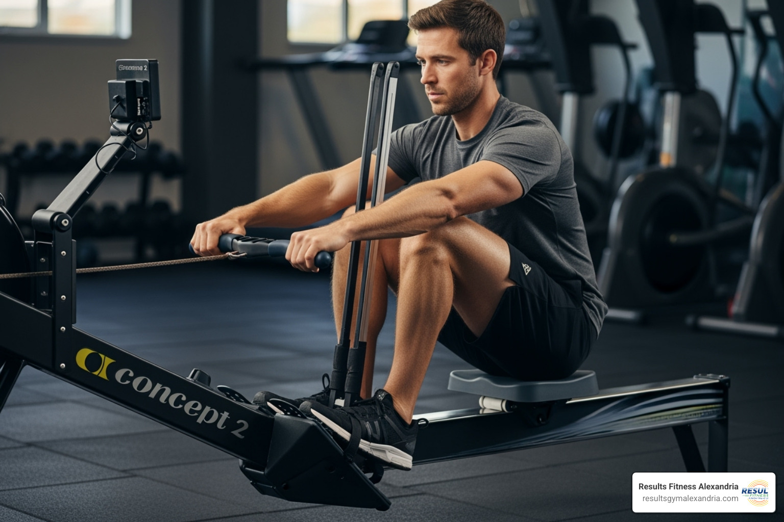 person demonstrating the Catch position on a rower - Rowing machine workout person demonstrating the Catch position on a rower - Rowing machine workout