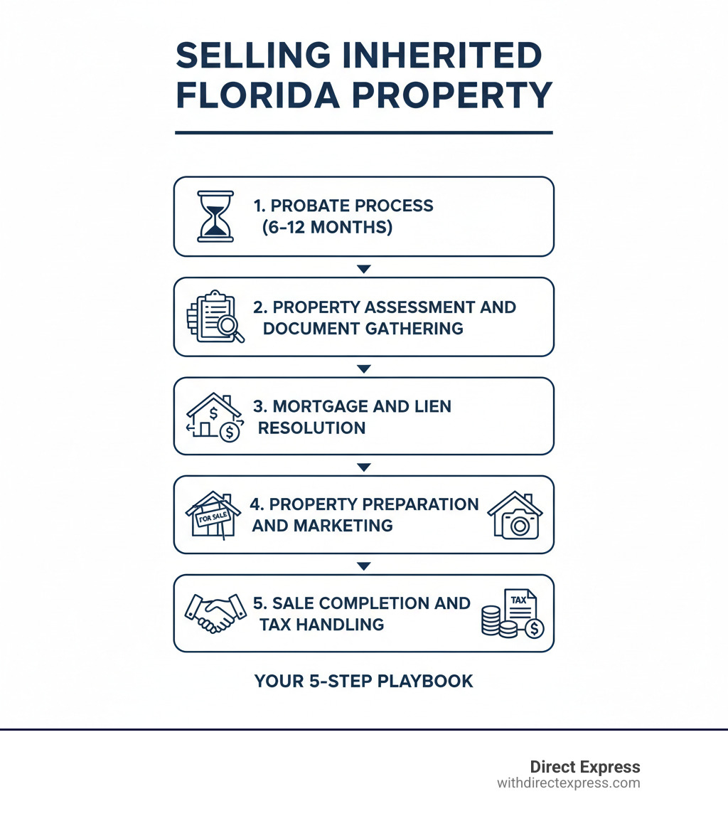 Infographic showing the 5 key stages of selling inherited Florida property: 1) Probate Process (6-12 months), 2) Property Assessment and Document Gathering, 3) Mortgage and Lien Resolution, 4) Property Preparation and Marketing, 5) Sale Completion and Tax Handling - Sell inherited property Florida infographic Infographic showing the 5 key stages of selling inherited Florida property: 1) Probate Process (6-12 months), 2) Property Assessment and Document Gathering, 3) Mortgage and Lien Resolution, 4) Property Preparation and Marketing, 5) Sale Completion and Tax Handling - Sell inherited property Florida infographic