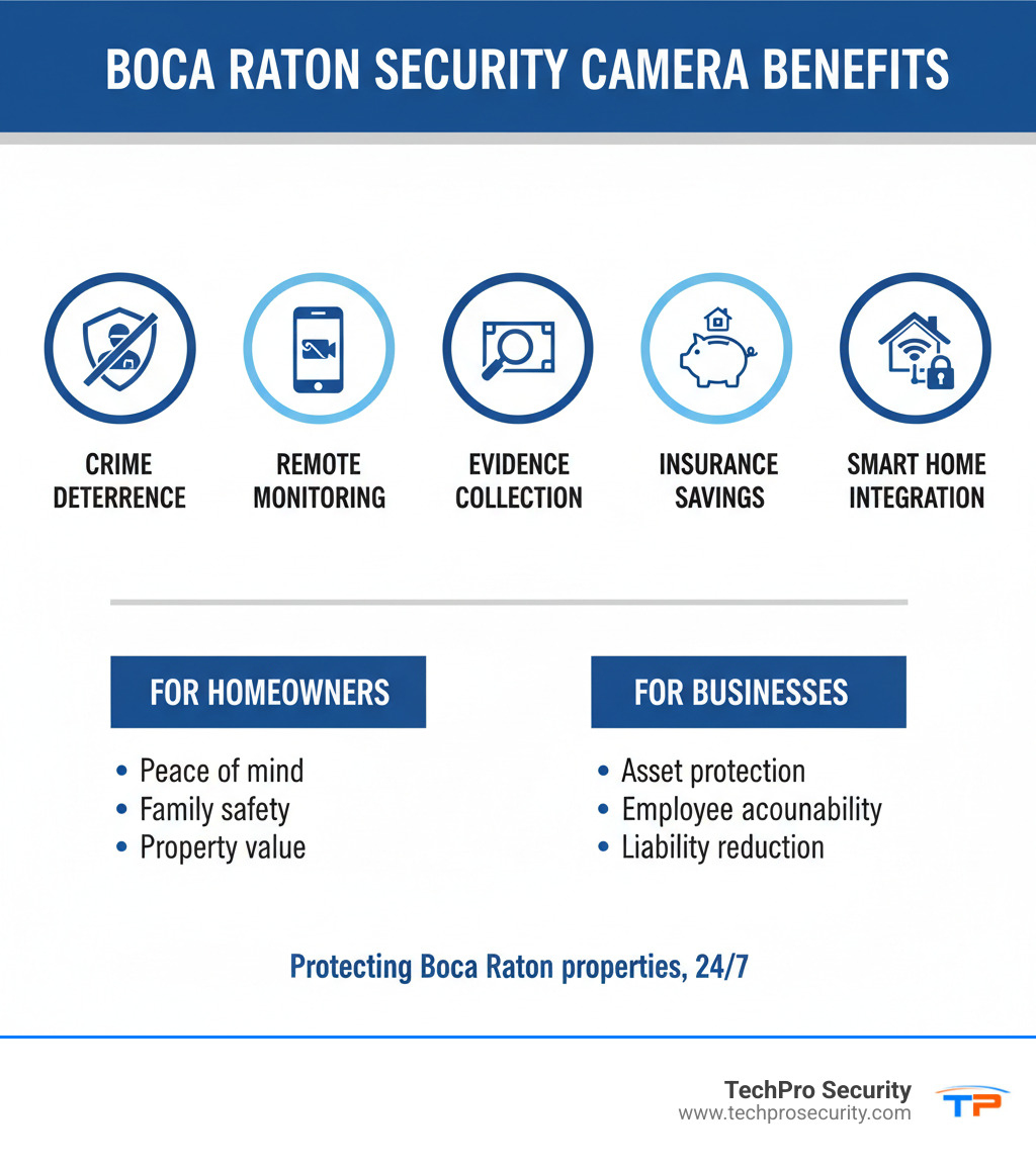 Comprehensive infographic showing security camera installation benefits including crime deterrence, remote monitoring capabilities, evidence collection, insurance savings, and smart home integration features for Boca Raton homeowners and businesses - security camera installation boca raton infographic 