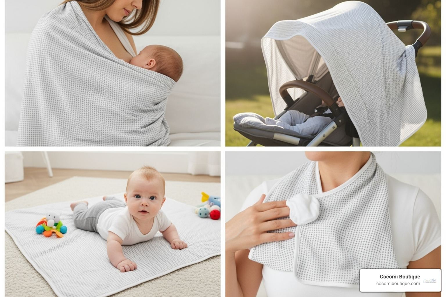 collage showing a swaddle blanket used as a nursing cover, a stroller shade, a tummy time mat, and a burp cloth - swaddle blankets organic cotton