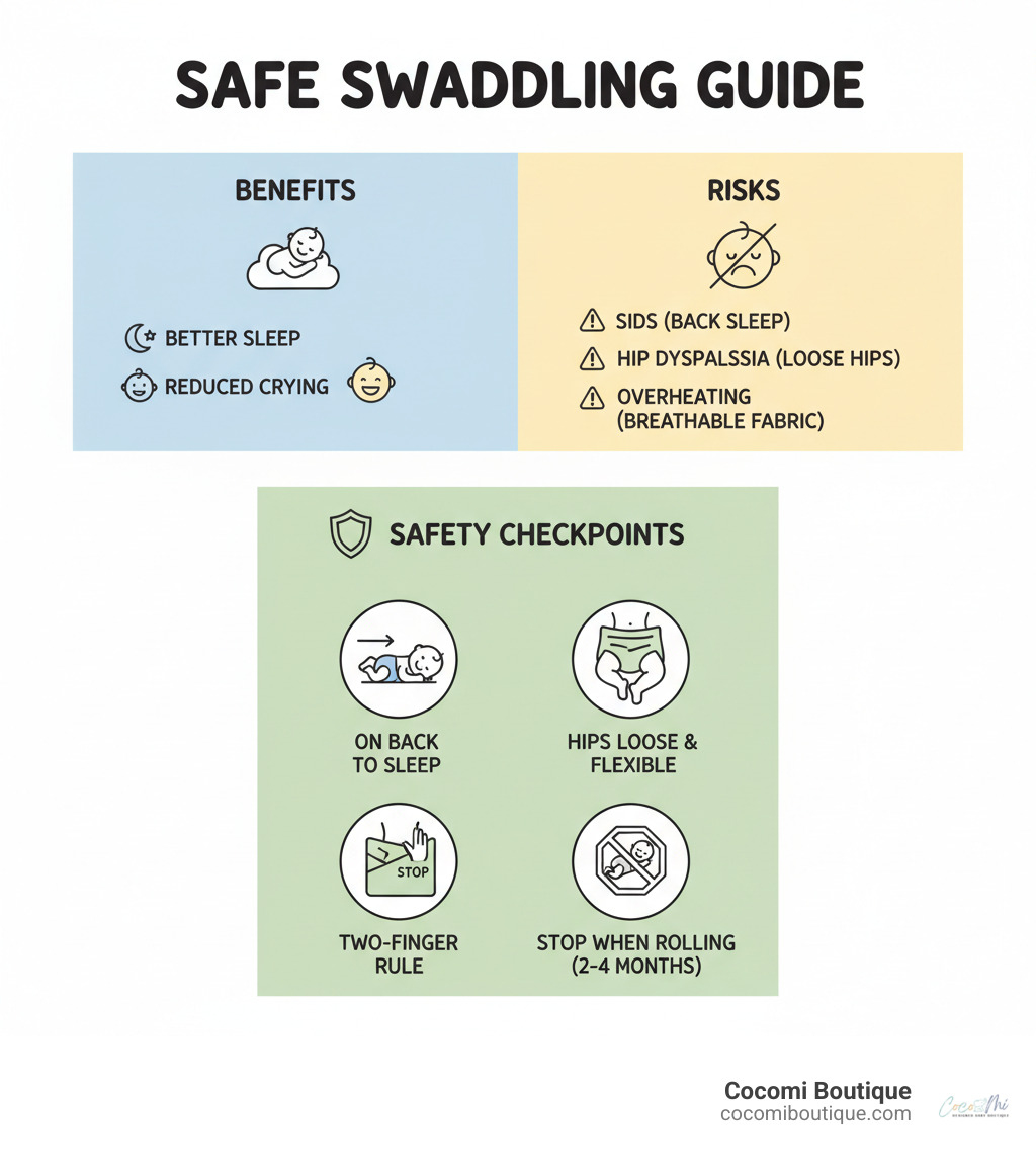 Infographic showing safe swaddling benefits including better sleep and reduced crying, alongside key risks like SIDS, hip dysplasia, and overheating, with safety checkpoints for proper technique - safe baby swaddle infographic 