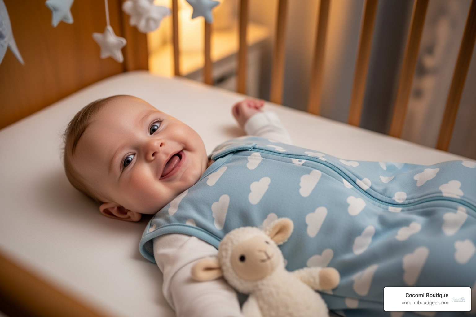A happy baby in a wearable sleep sack, with arms free, smiling and ready for sleep. - safe baby swaddle