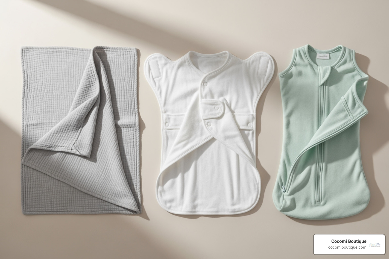 Different types of swaddles like a traditional blanket, a velcro wrap, and a zipper sack for babies. - safe baby swaddle