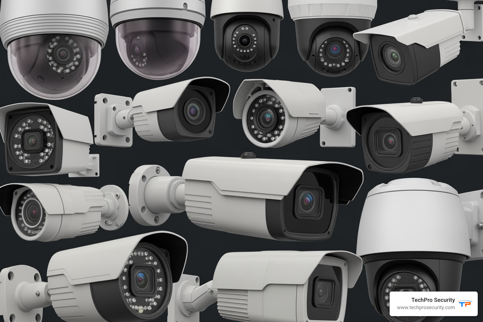 collage of different camera types like dome, bullet, and PTZ cameras - security camera installation boca raton