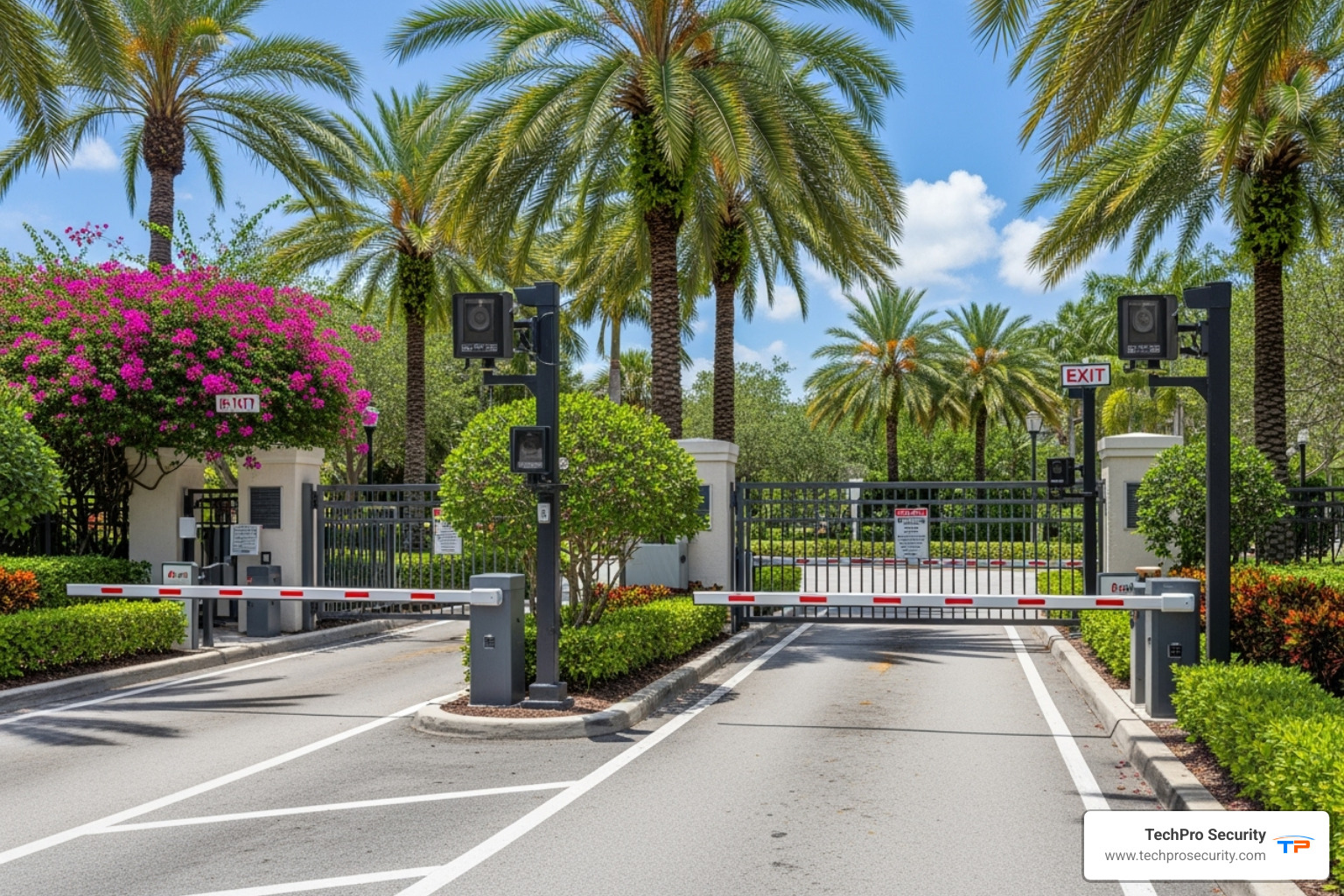 secure HOA entrance gate in Boca Raton with visible license plate reader cameras - security camera installation boca raton