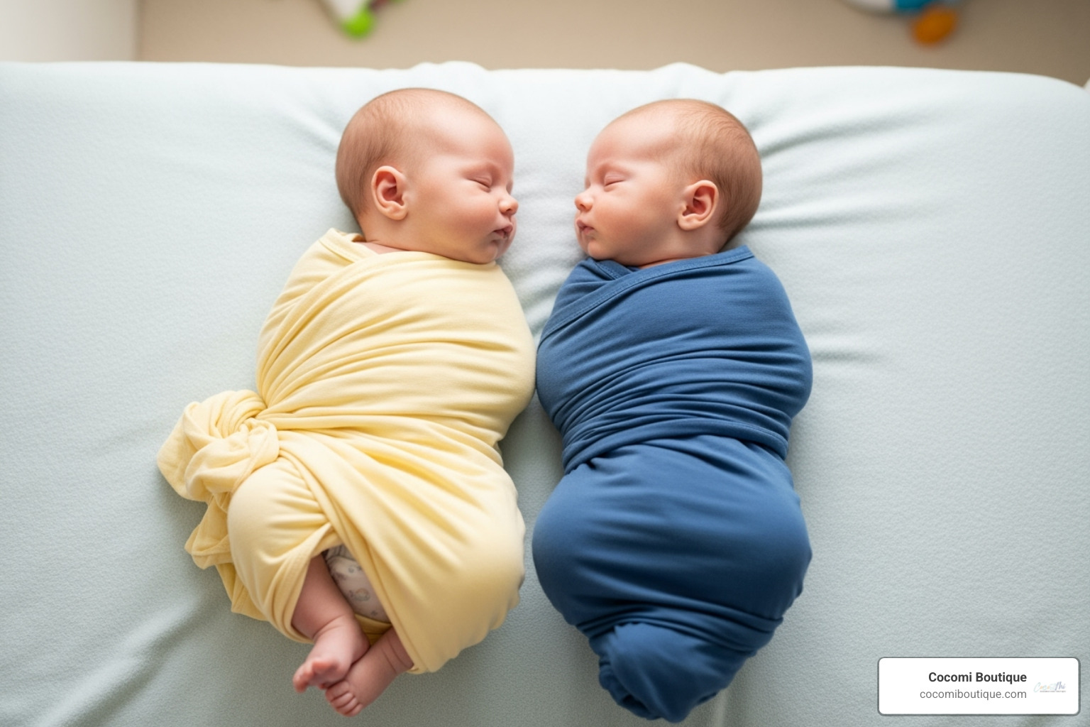 Baby in a swaddle with legs bent and out, compared to a baby with legs straightened and tightly wrapped. - safe baby swaddle