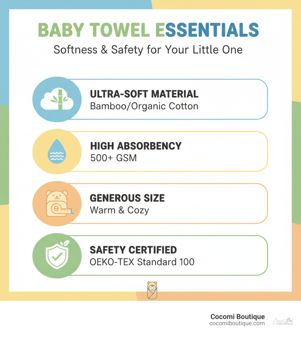 Infographic showing key baby towel features: ultra-soft bamboo or organic cotton material, 500+ GSM absorbency rating, generous 35x35 inch sizing, protective hood design, and safety certifications like OEKO-TEX Standard 100 - best baby towels infographic 