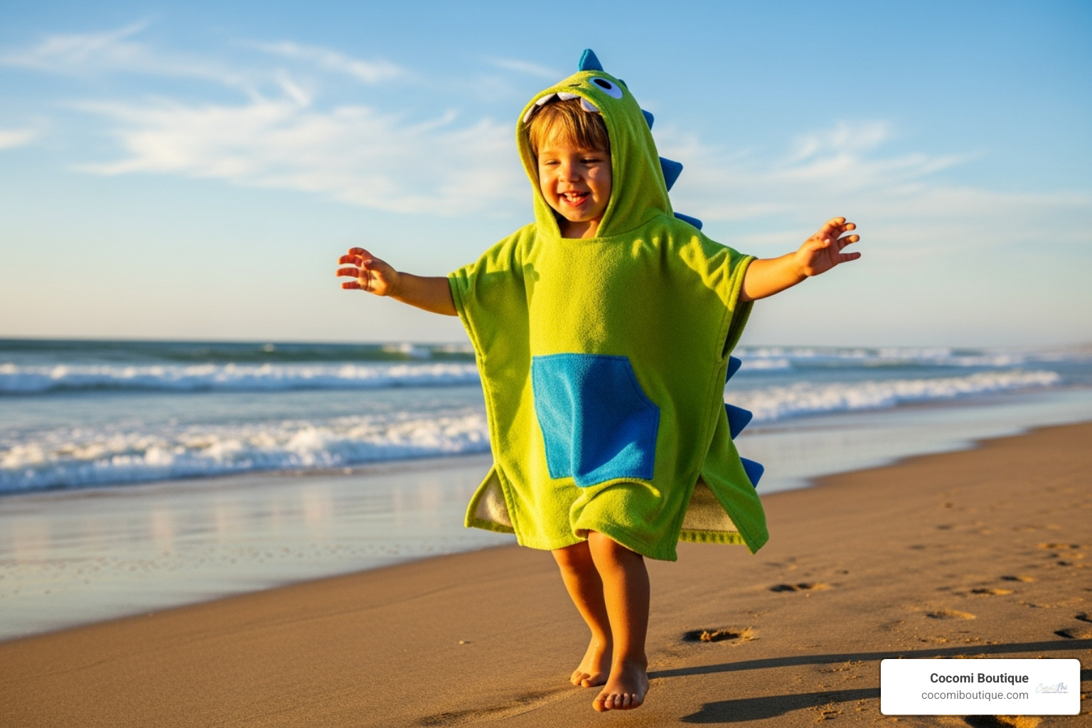 A cheerful toddler running on a beach in a vibrant dinosaur-themed hooded poncho towel, looking playful and free. - best baby towels