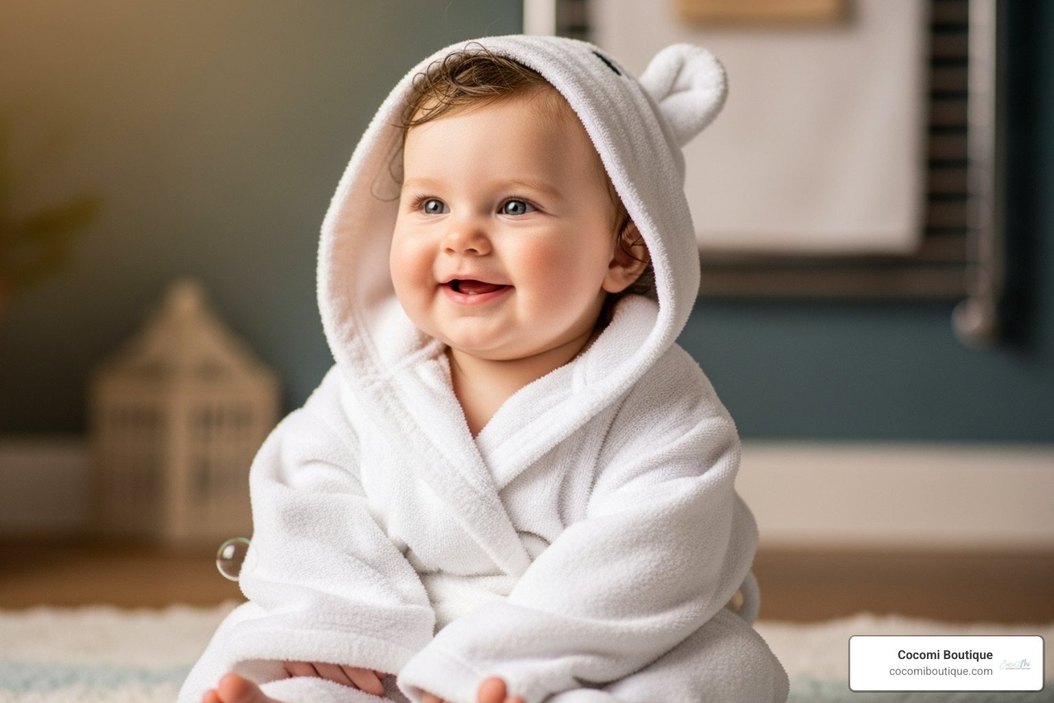 A happy baby sitting contentedly in a soft, small bath robe, looking cozy and comfortable after a bath. - best baby towels