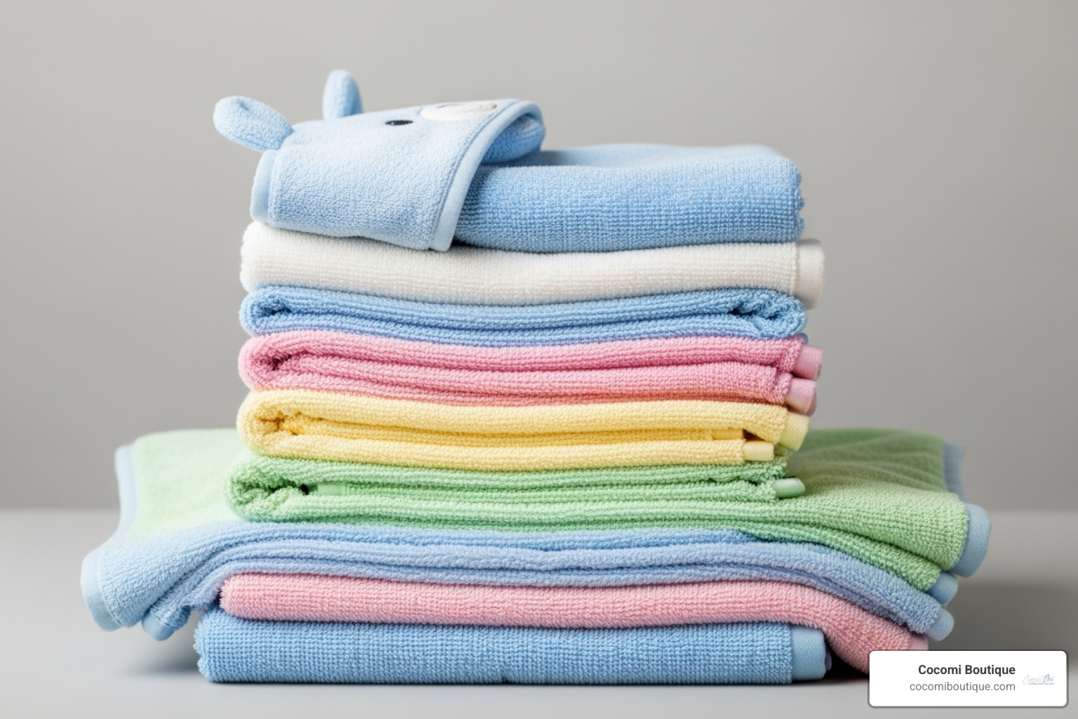 A neatly folded stack of different baby towels, including hooded, regular, and poncho styles in various soft colors. - best baby towels