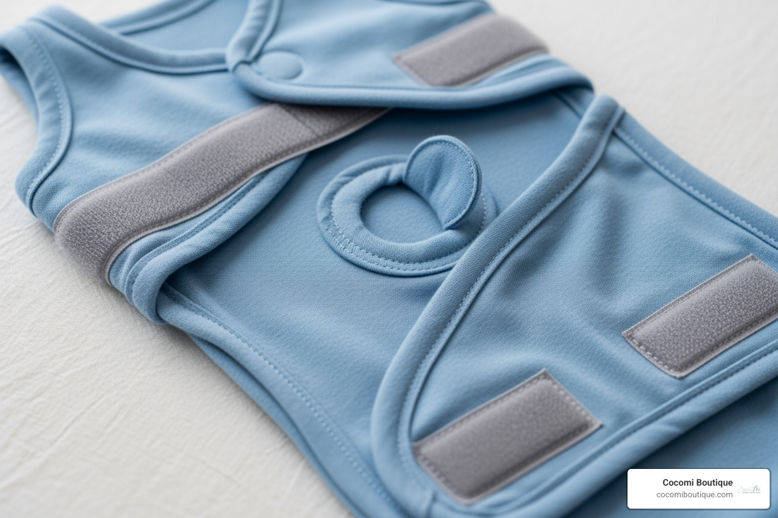 Close-up image showing adjustable velcro straps and an access port on a modern preemie swaddle - swaddle blankets for preemies