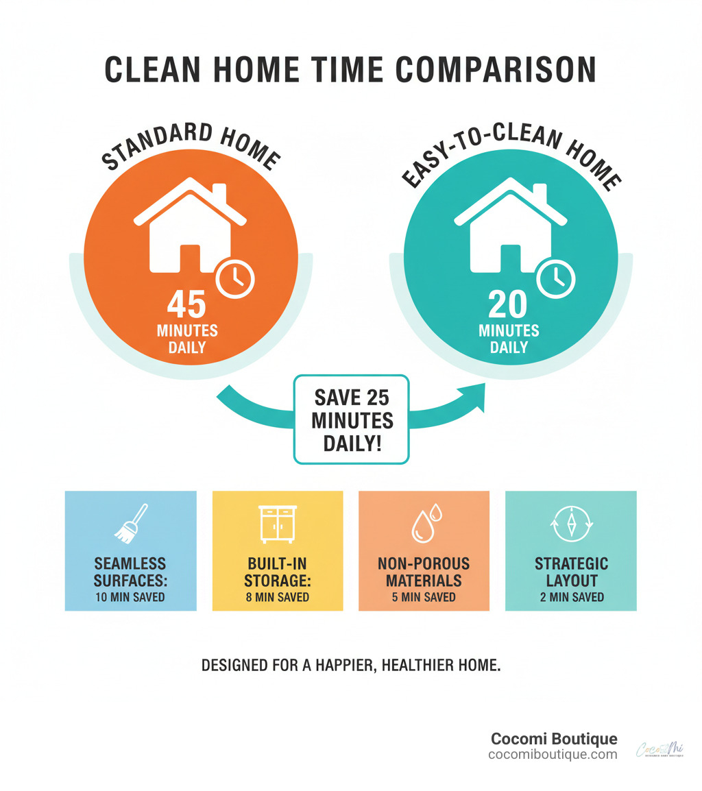 Infographic showing time comparison between standard home cleaning (45 minutes daily) versus easy-to-clean designed home (20 minutes daily), with breakdown of key design elements: seamless surfaces save 10 minutes, built-in storage saves 8 minutes, non-porous materials save 5 minutes, strategic layout saves 2 minutes - Easy to clean infographic 
