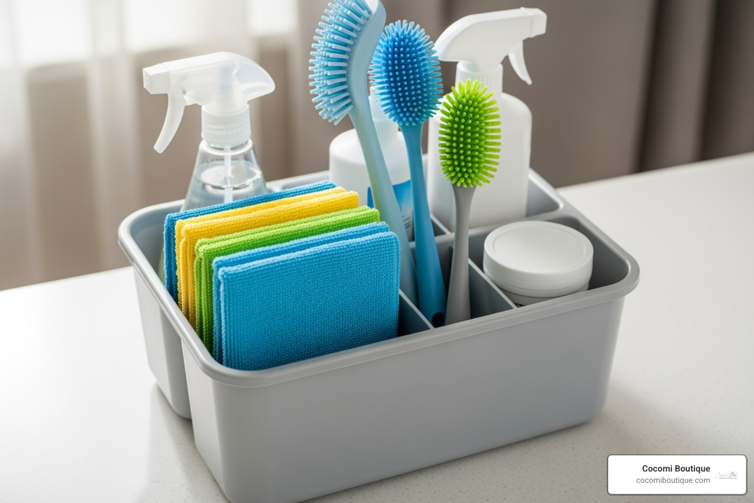 A neatly organized cleaning caddy with microfiber cloths and silicone brushes - Easy to clean