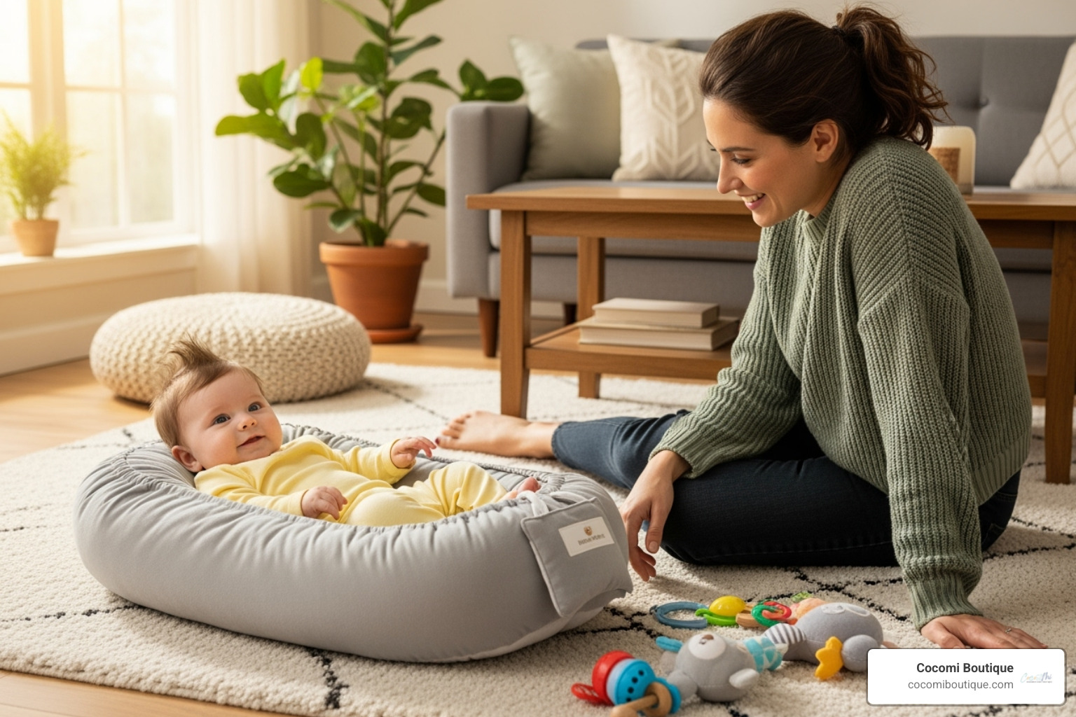 of a baby lounging contentedly in a nest while a parent is nearby - What is baby nest
