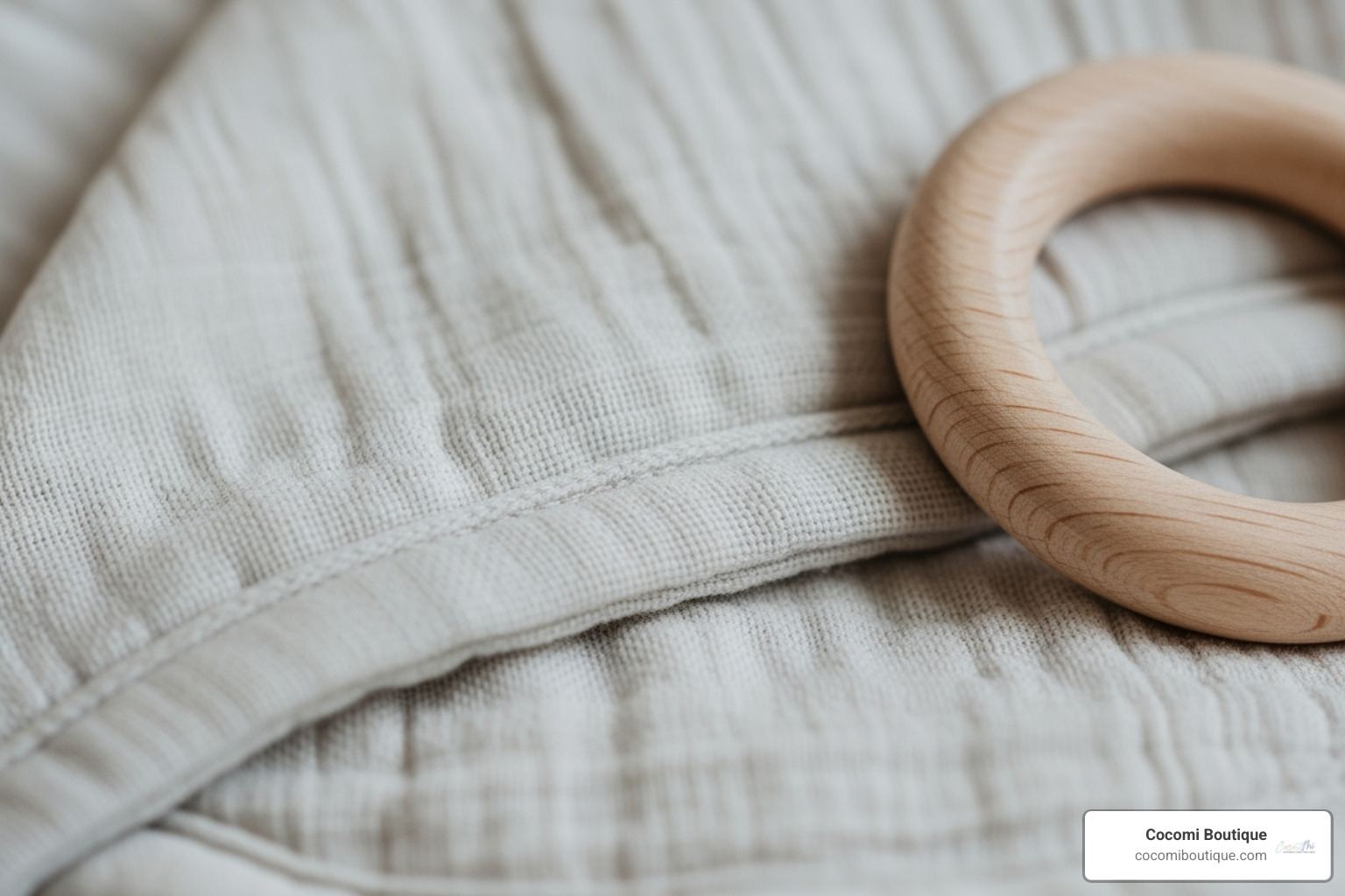 close-up on the texture of a Cocomi Boutique organic cotton swaddle and a wooden teether - organic gift set