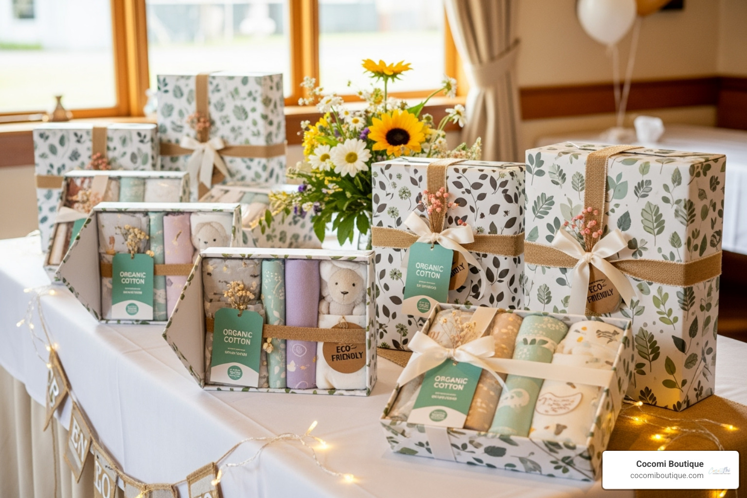 baby shower gift table featuring several Cocomi Boutique organic gift sets - organic gift set