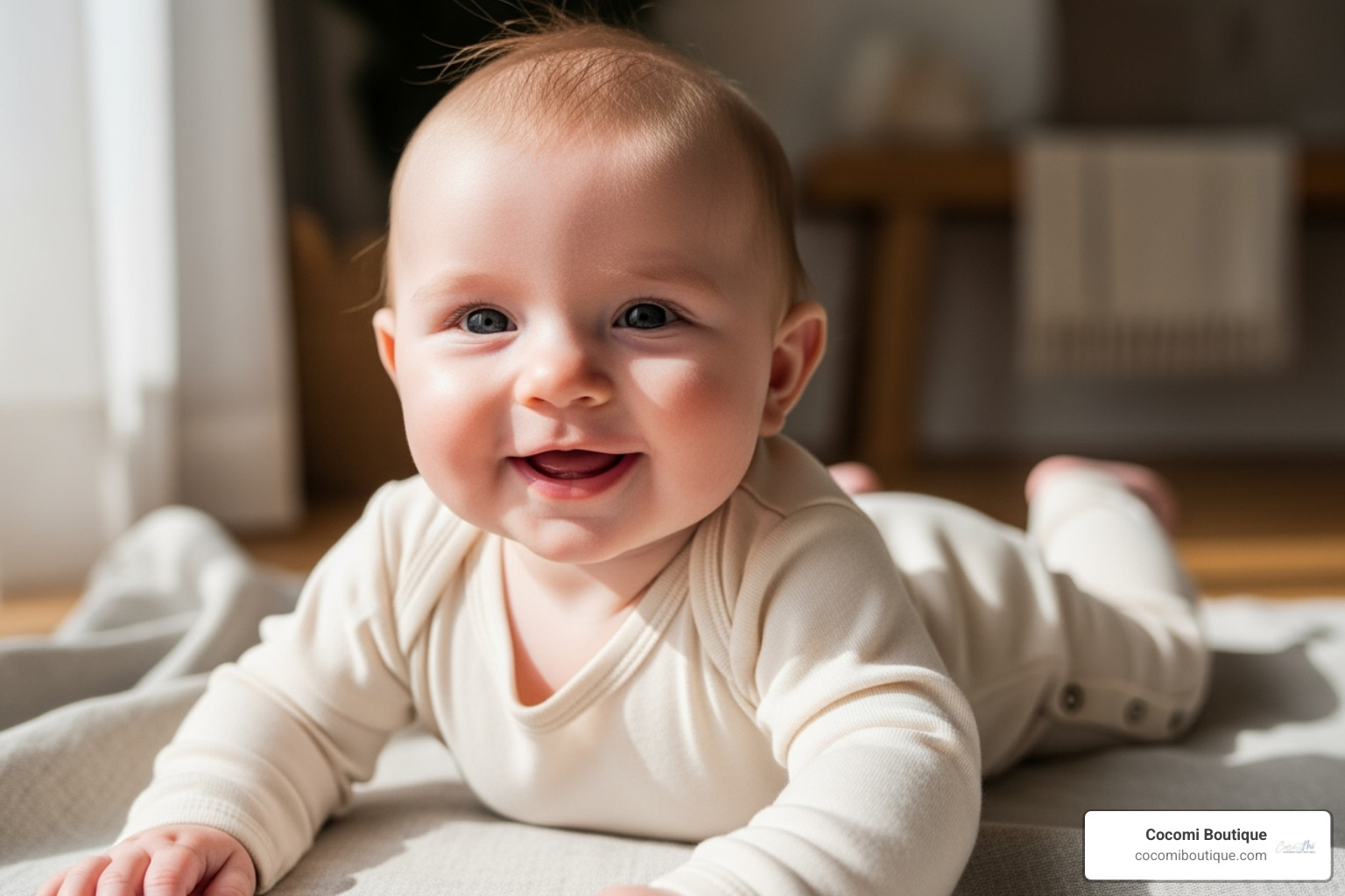 happy baby in a soft organic cotton onesie from Cocomi Boutique - organic gift set