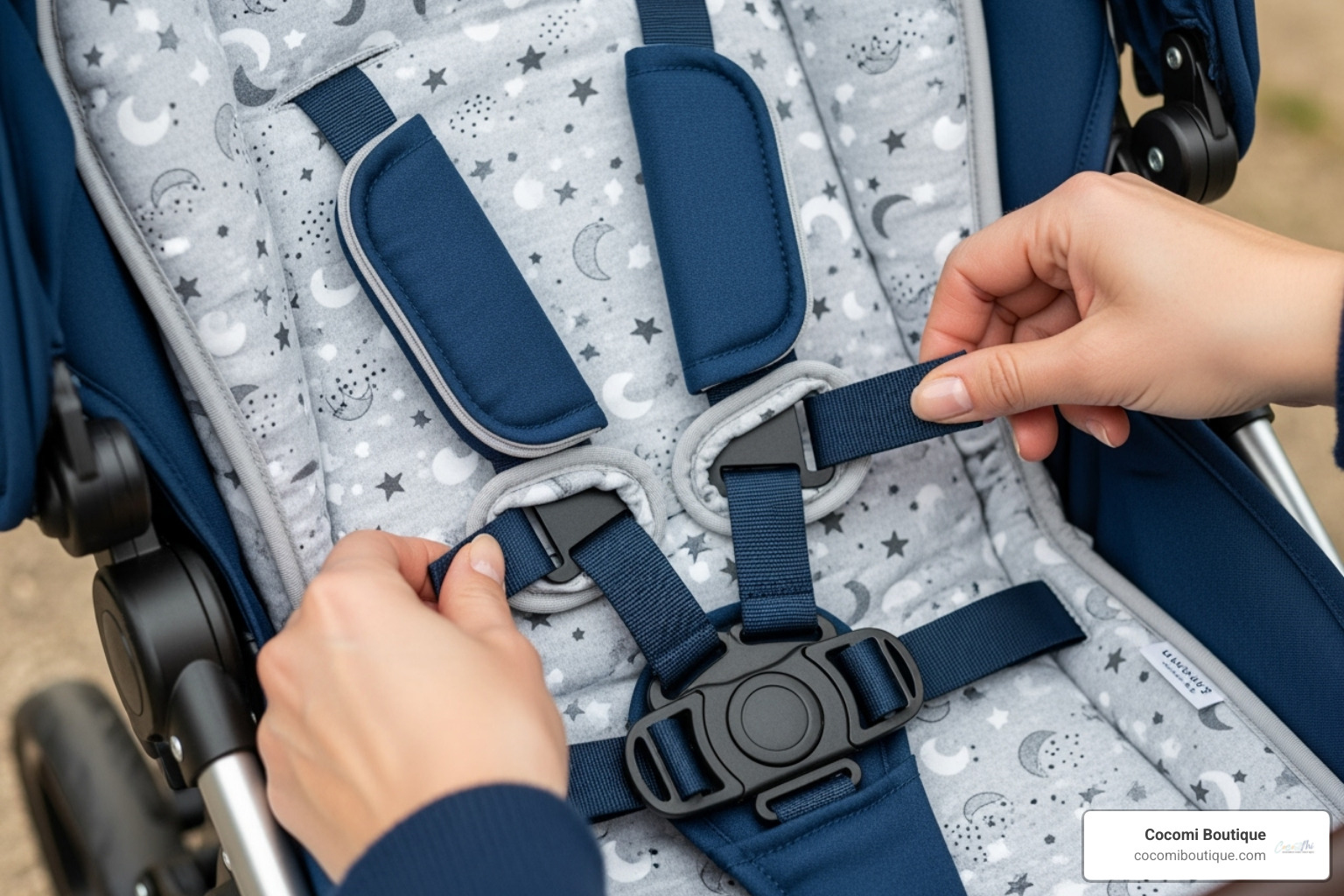 demonstrating how a universal liner fits into a 5-point harness system - Warm pram liner