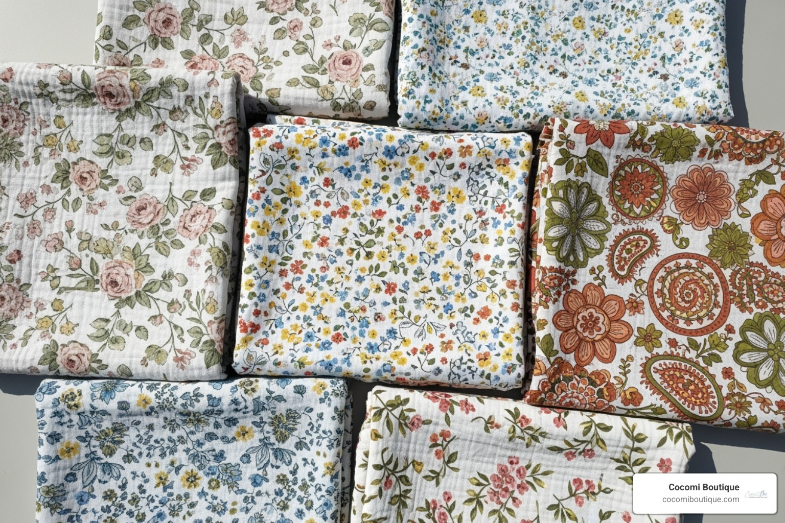 Image of a flat-lay showcasing multiple Cocomi Boutique floral patterns like vintage, ditsy, and boho - Floral muslin blanket