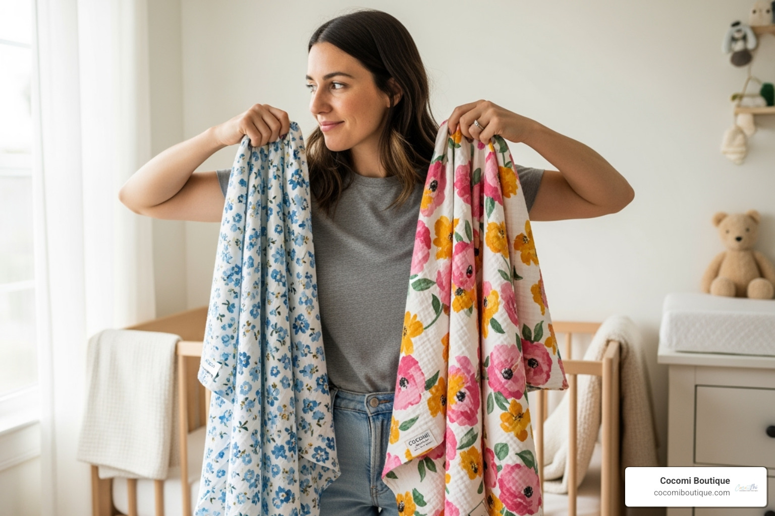 Image of a parent comparing two different Cocomi Boutique muslin blankets - Floral muslin blanket