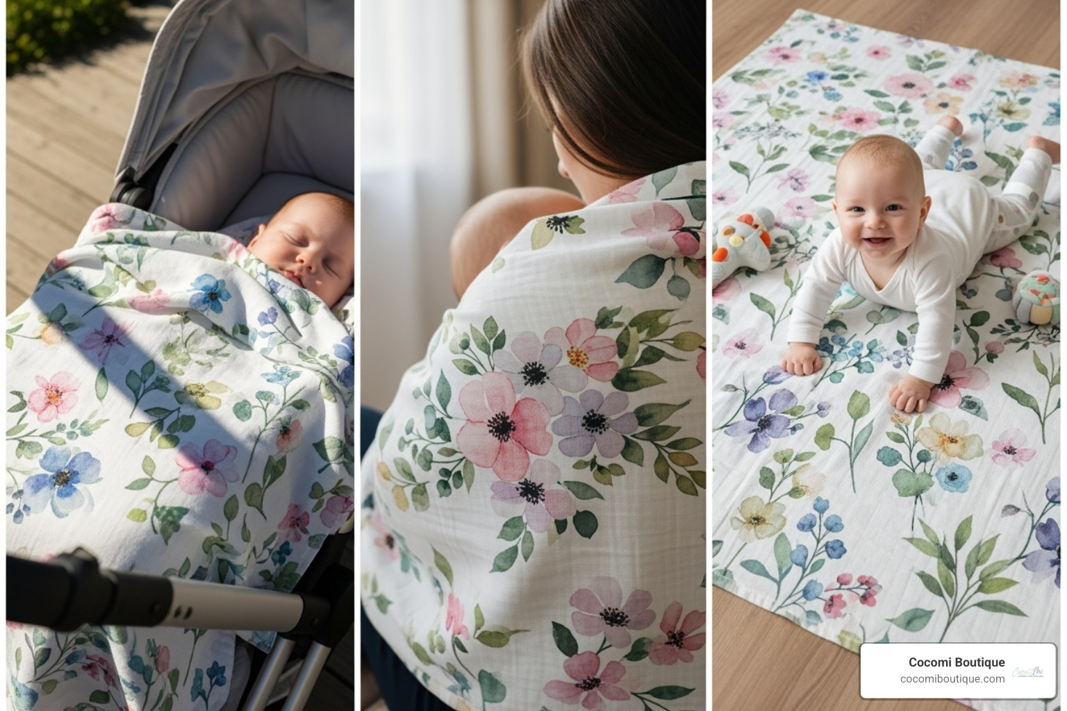 Image collage showing a Cocomi Boutique muslin blanket used as a stroller cover, nursing cover, and play mat - Floral muslin blanket