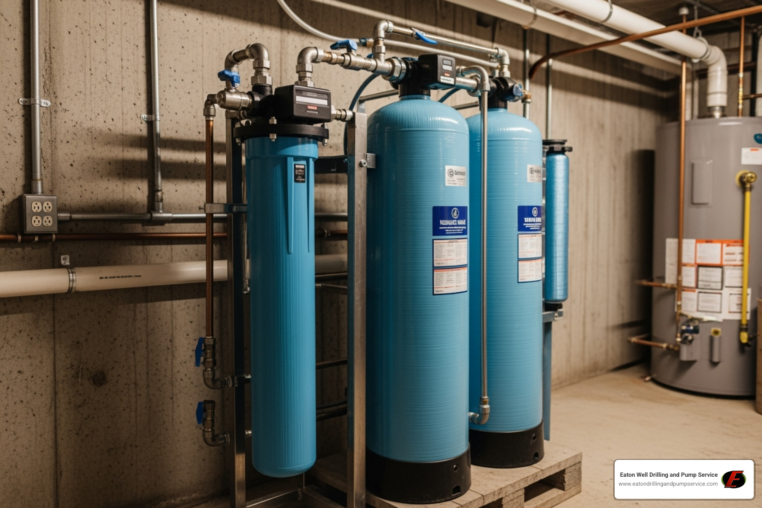 A whole-house iron filter system installed in a basement or utility room - ferrous iron filter