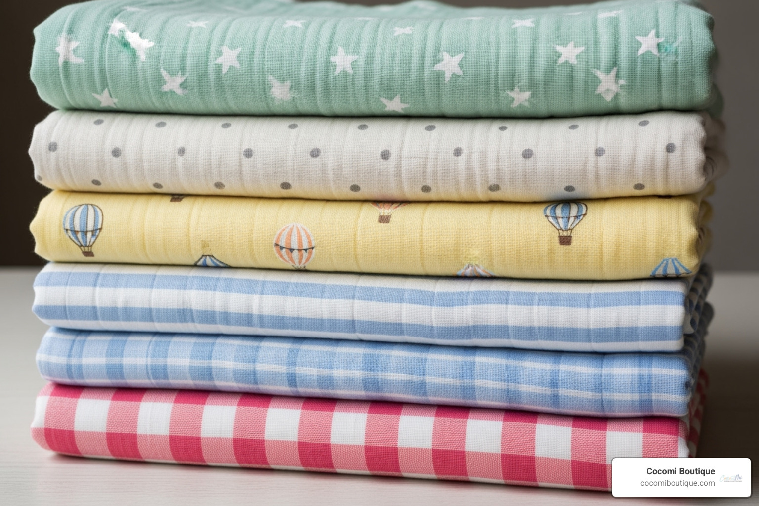 stack of folded muslin blankets in various colors and patterns - muslin cotton baby blanket