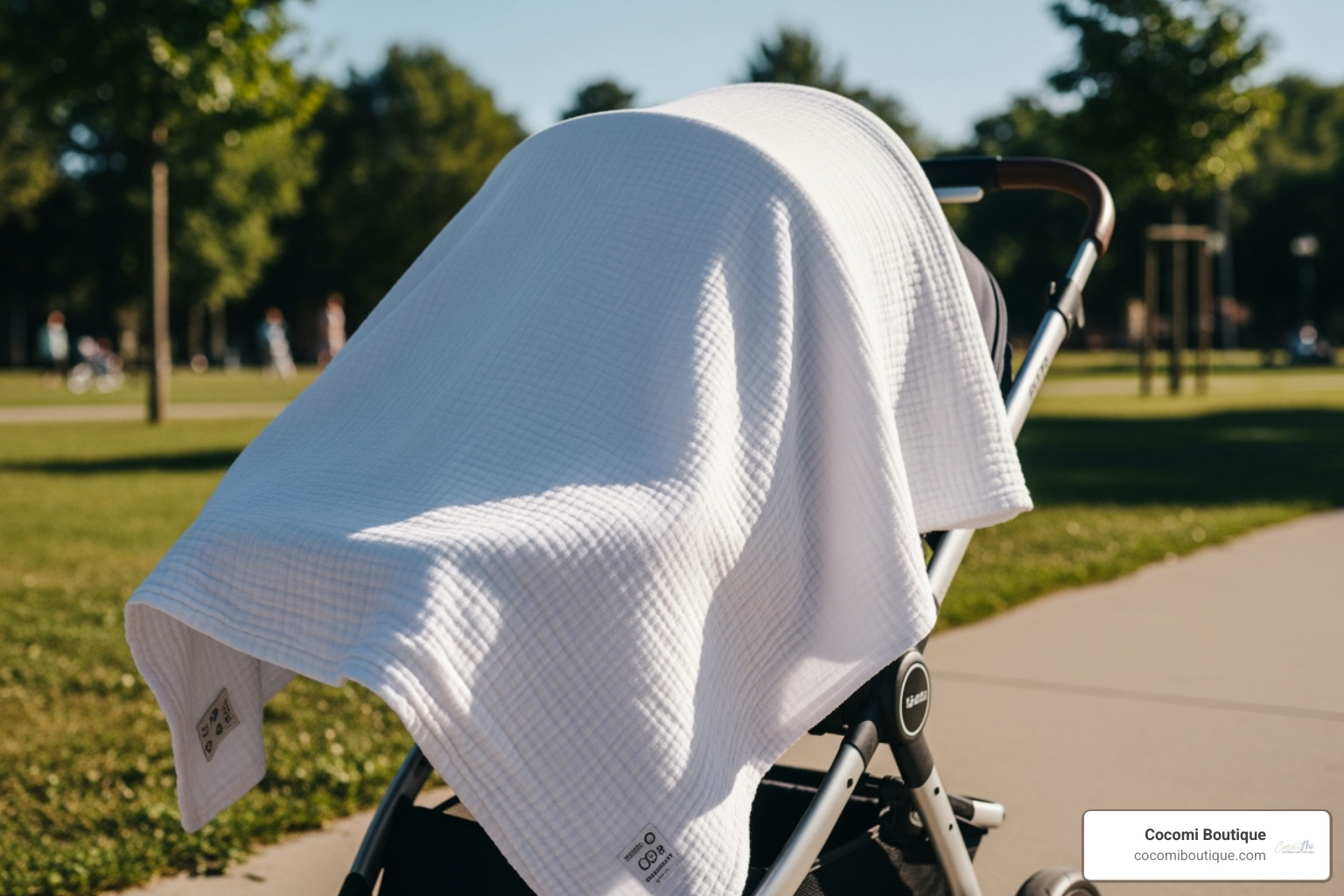 muslin blanket being used as a stroller cover on a sunny day - muslin cotton baby blanket