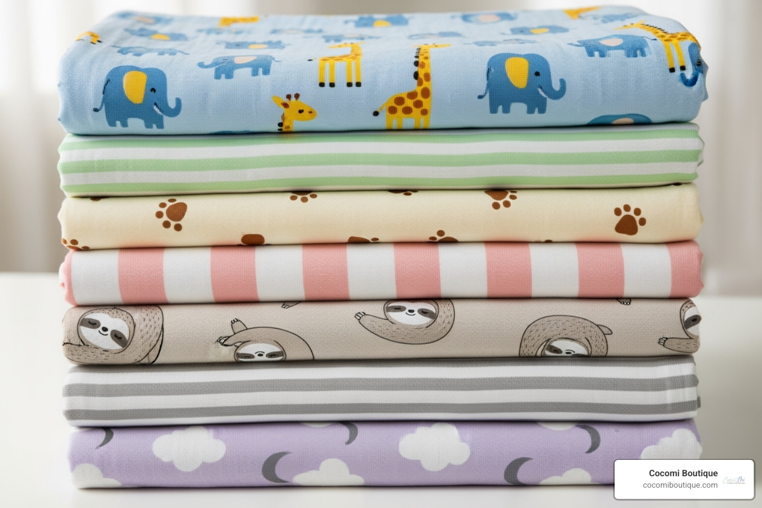 stack of folded swaddles in various fabrics and patterns like animal prints and classic stripes - organic swaddle blankets made in usa