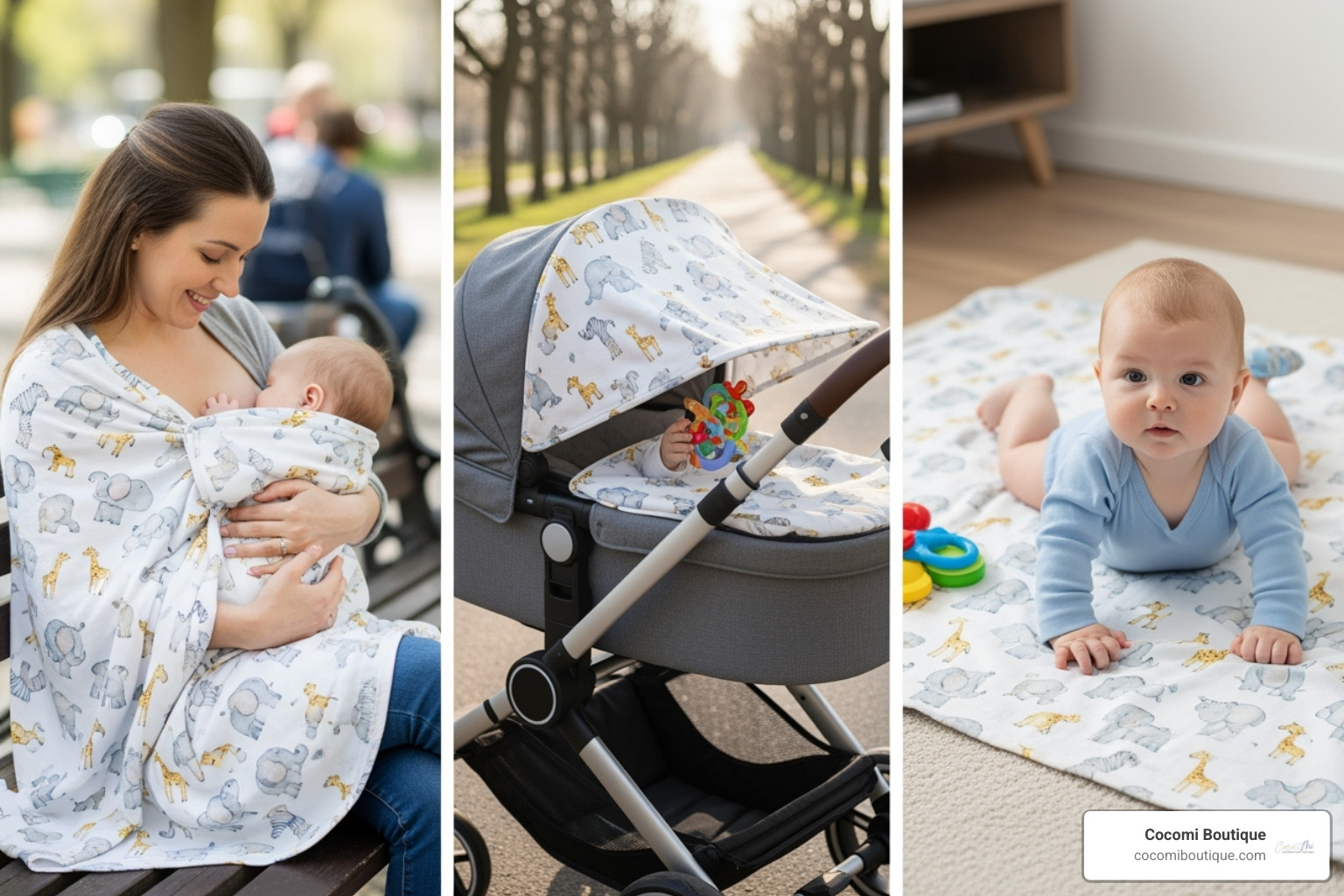 illustrating the many uses of a swaddle blanket (nursing cover, stroller shade, tummy time mat) - organic swaddle blankets made in usa